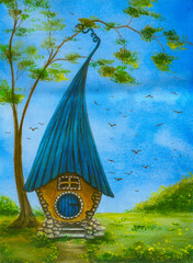 Fantasy fairy tale house with blue roof in enchanted forest landscape. Perfect for children's books, fantasy projects, and magical storytelling.