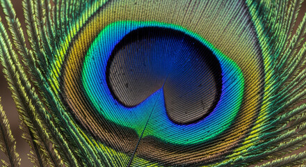 Obraz premium Stunning close-up of vibrant peacock feather showcasing iridescent blues, greens, and gold, a captivating texture and color palette for design projects