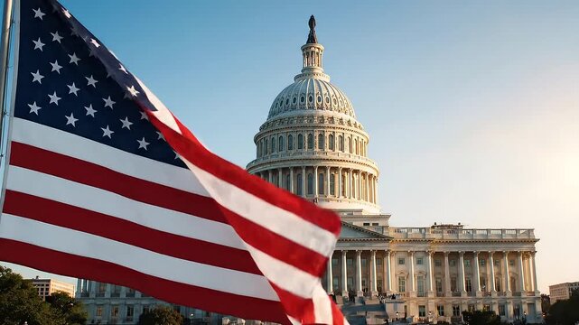 American Flag Waves in Front of the US Capitol Building.