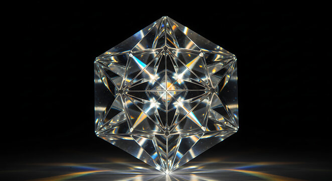 Clear hexagonal diamond or crystal gemstone with intricate internal facets refracting light against a black background.