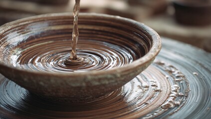 Water pouring into a spinning pottery bowl