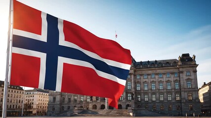 Norwegian Flag Waving Proudly in Oslo City Center.