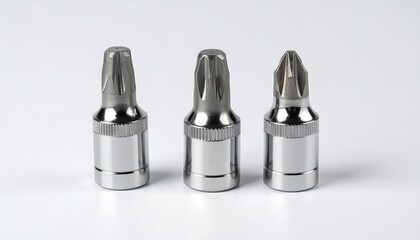 Three metal Torx socket bits stand upright on a white surface, studio shot