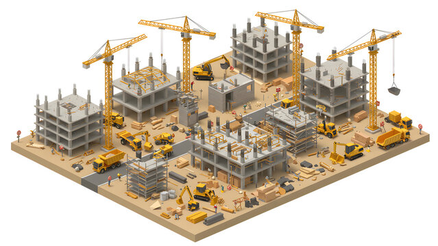 Isometric Construction Site Busy Urban Development Building Project Heavy Equipment Work