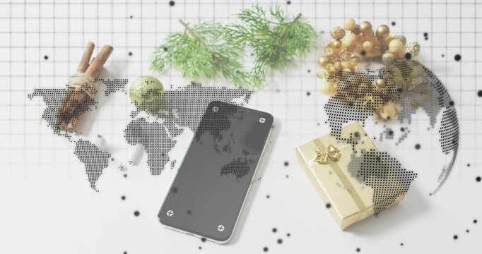 Dotted map fading over objects and morphing into rotating globe demonstrating global network loop