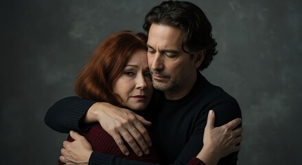 Emotional Middle-aged Couple Embracing Comfortably in Studio Portrait