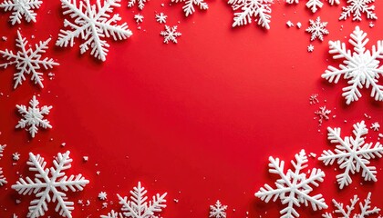 White snowflakes frame a vibrant red background