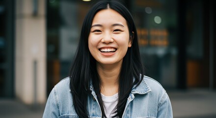 Young Asian Woman Smiling Cheerfully Wearing Denim Jacket Outdoors in Urban Setting