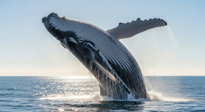 Majestic humpback whale breaching the ocean surface in stunning display of marine life power and beauty against a sparkling horizon, a breathtaking moment