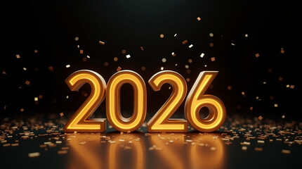 Golden 2026 a dazzling display of the year ahead, with lustrous gold numerals set against a dark backdrop, surrounded by a cascade of shimmering confetti, symbolizing prosperity, joy