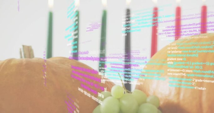 Pastel code fading over harvest display, scrolling then candles emerging and lighting kinara scene