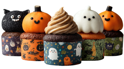 Group of 5 Halloween cupcake wrappers, isolated on transparent background 