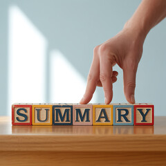 Hand arranging letter blocks spelling the word summary on a table