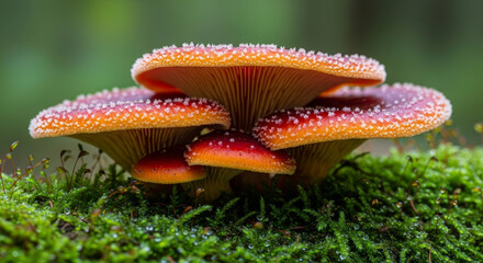 Obraz premium Beautiful fairytale mushrooms growing on vibrant green moss, perfect for nature blogs, fantasy book covers, and whimsical design projects