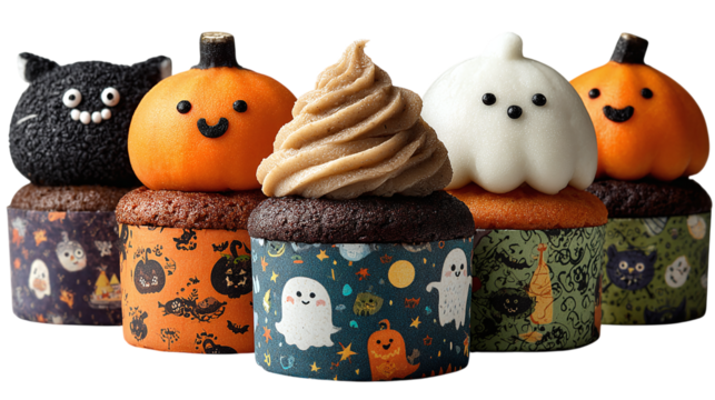 Group of 5 Halloween cupcake wrappers, isolated on transparent background
