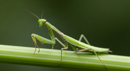 Graceful praying mantis perched on vibrant green stem, a symbol of patience and mindfulness in the serene depths of nature's lush embrace