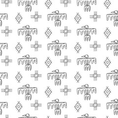 A pattern of birds and symbols of native American settlements. Seamless texture in doodle style. A flying bird with wide wings with elements of writing. Rituals, worship. American Indians