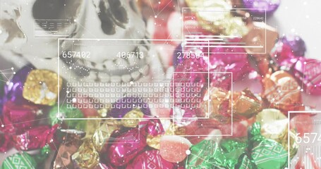 Overlay appearing over candies, grid pulsing, stats updating for insight, dots linking, receding - Powered by Adobe