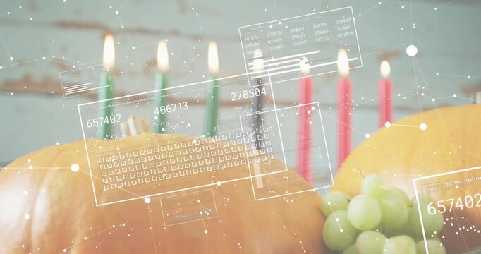 Opening fading overlays updating codes and rotating boxes over pumpkins and fruits for data view