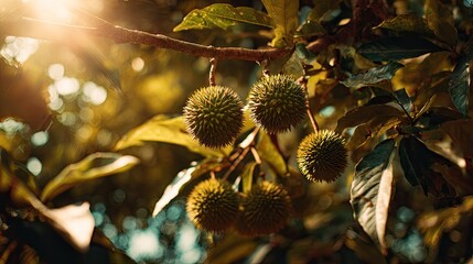 Close-up of sunlit fruit and foliage.