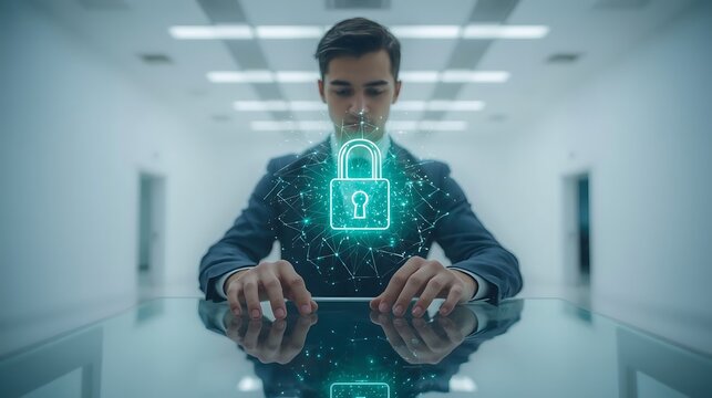 A professional businessman securing a network with a glowing digital padlock hologram, representing advanced cybersecurity and data protection in a modern office - Powered by Adobe
