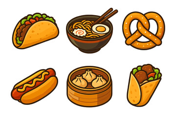 Diverse collection of popular street food items including a savory taco, steaming ramen, classic pretzel, juicy hot dog, delicious dumplings, and a fresh wrap