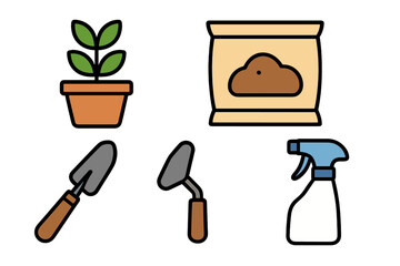 Collection of essential gardening tools and supplies for home planting and outdoor garden care activities