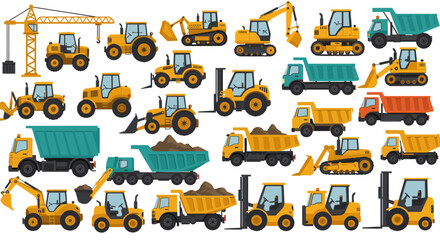 A collection of various construction vehicles, including trucks, excavators, and tractors, in a flat illustration.