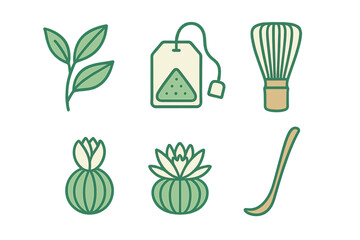 Stylized icons representing essential elements for traditional matcha tea preparation and ceremony including whisk, scoop, and leaves