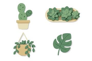 Collection of stylized houseplants including cactus, succulents, and a monstera leaf in a modern graphic style