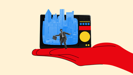 Collage of businessman with briefcase surfing inside vintage television showing blue skyscrapers...