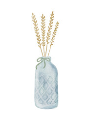 A digital watercolor illustration of dried wheat stalks placed in a rustic vase, suitable for fall, rustic, and harvest designs.