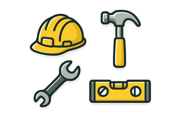 Collection of essential construction and repair tools including a safety hard hat, hammer, wrench, and spirit level