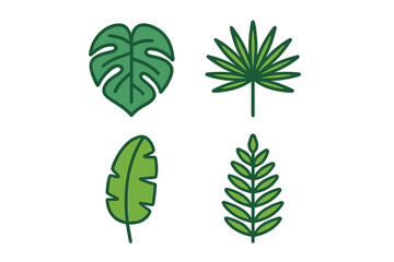 Stylized tropical green leaves collection featuring exotic botanical foliage elements and diverse natural plant shapes