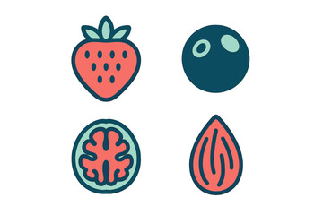 Fototapeta premium Assortment of nutritious food icons including a vibrant strawberry, dark blueberry, detailed walnut, and smooth almond