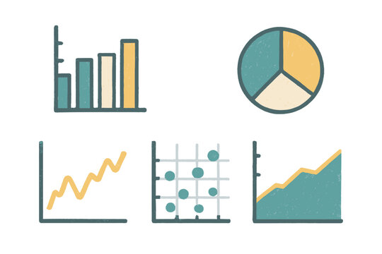 Collection of various data visualization charts and graphs including bar, pie, line, and area for business analysis and financial reporting