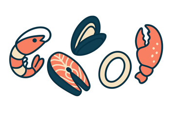 Vibrant fresh seafood assortment featuring shrimp, salmon, mussels, calamari, and lobster claw on a clean white backdrop