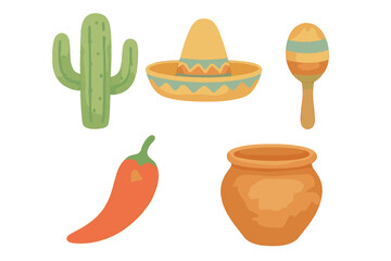 Traditional Mexican cultural symbols set including cactus, sombrero, maraca, chili pepper, and clay pot