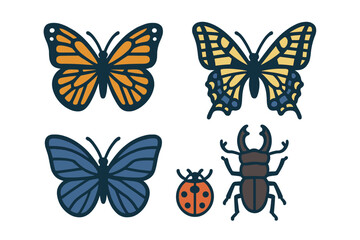 Vibrant collection of stylized butterflies and various beetles featuring a ladybug and a distinctive stag beetle