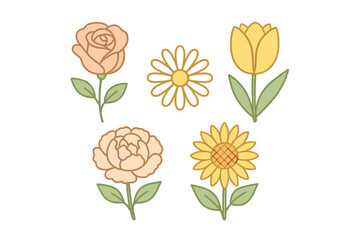 Collection of cute stylized flowers including rose, daisy, tulip, peony, and sunflower in pastel colors © icon_art