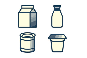 Assortment of common dairy product packaging icons featuring milk carton bottle can and yogurt container