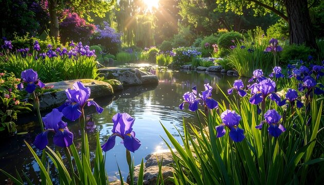 A serene, sun-drenched garden scene features a calm pond reflecting sunlight, surrounded by vibrant purple irises and lush greenery - Powered by Adobe
