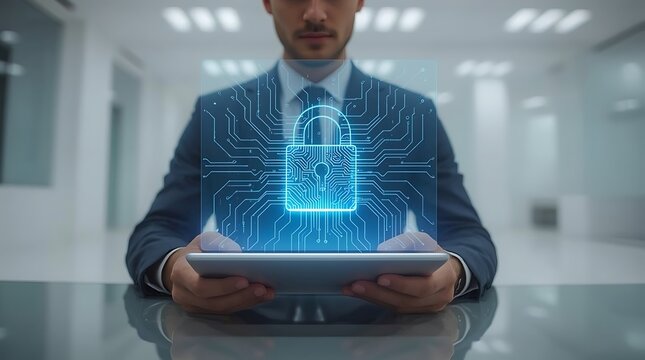 Cybersecurity expert holding a tablet with a glowing digital padlock hologram, representing data protection and network security in a modern office environment