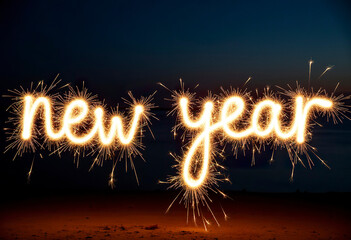 A single sparkler writing a word "new year"in the air against a dark night sky. Long exposure, light trails, celebration concept