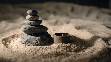 Stacked stones and candle in sand