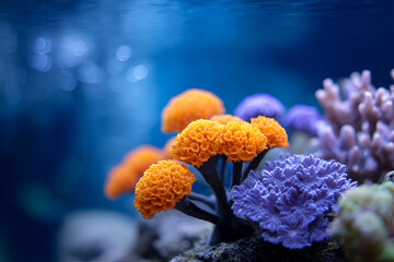 Vibrant underwater scene featuring colorful coral formations in shades of orange and purple, showcasing marine life diversity and the beauty of ocean ecosystems