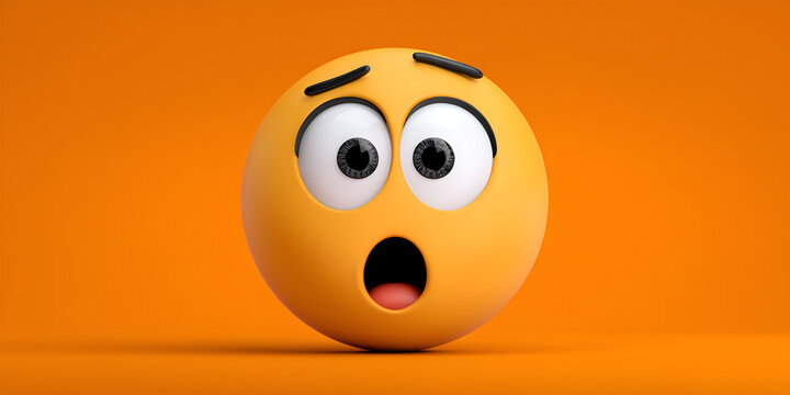 3D illustration of a surprised emoji with large eyes and an open mouth, set against a vibrant orange background, conveying feelings of shock and astonishment