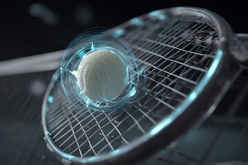 Dynamic tennis ball impact with electric energy on racket strings showcases speed, power, and cutting edge technology for sports marketing