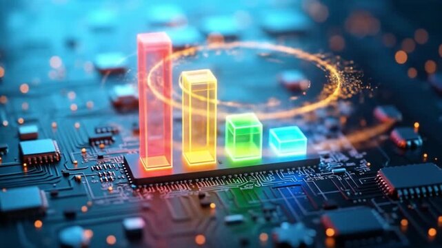 A vibrant futuristic data analytics concept set against a detailed digital circuit board background featuring a mesmerizing array of microscopic transistors