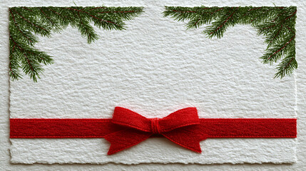 Festive greeting card design featuring textured white paper, adorned with green pine branches and a vibrant red ribbon, perfect for holiday celebrations and seasonal greetings